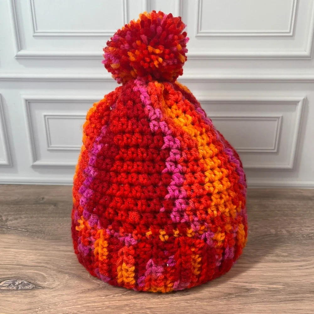 Handmade Crochet Beanie Kids Red Orange Pink Pom Pom Winter Hat